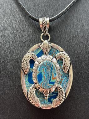 Sterling Rainbow Blue Calsilica Sea Turtle Gemstone Pendant